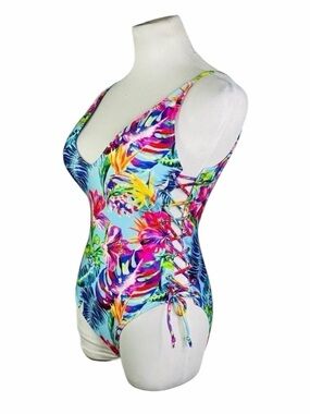 NWT Stylish Swimwear Blue & Pink Tropical Floral One Piece Swimsuit - Size Small